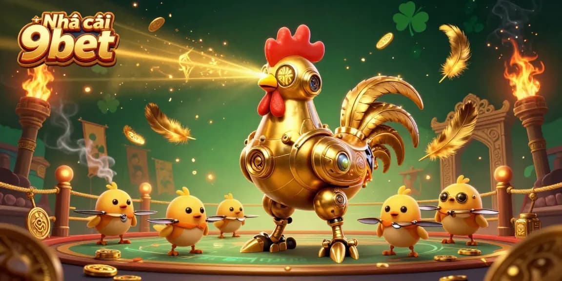Engage with Nhà cái 9bet through a vibrant casino scene featuring a golden rooster robot and baby chick drones.
