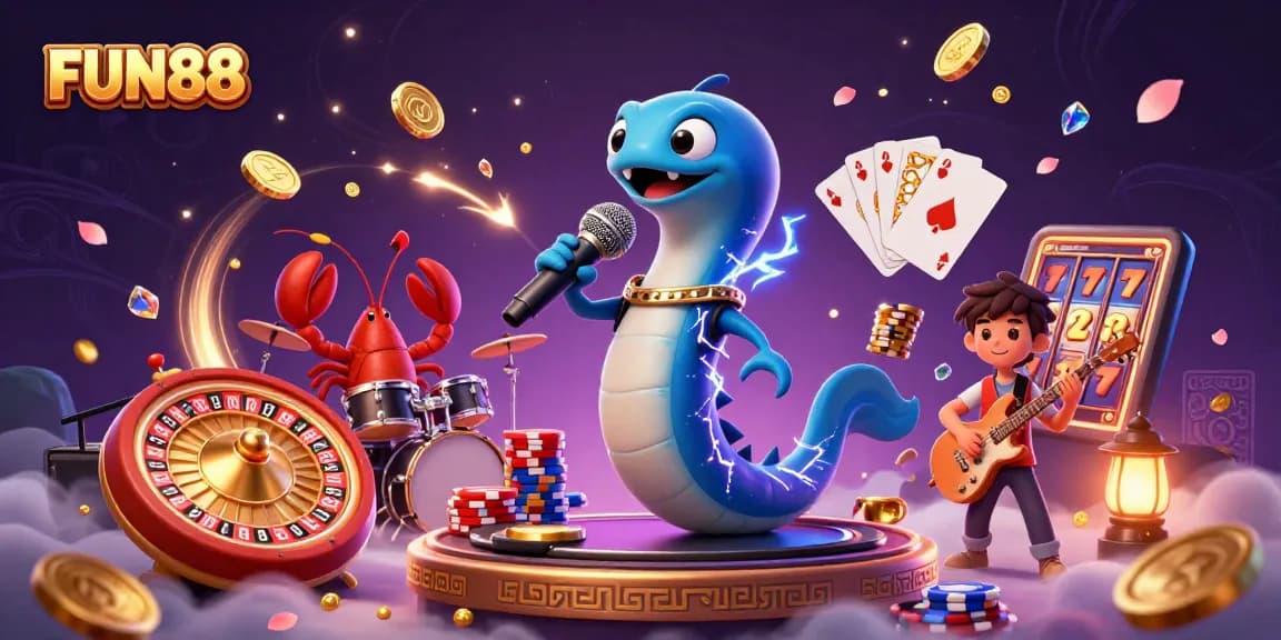 Win big on FUN88 with an electrifying underwater casino scene featuring animated characters and casino elements.