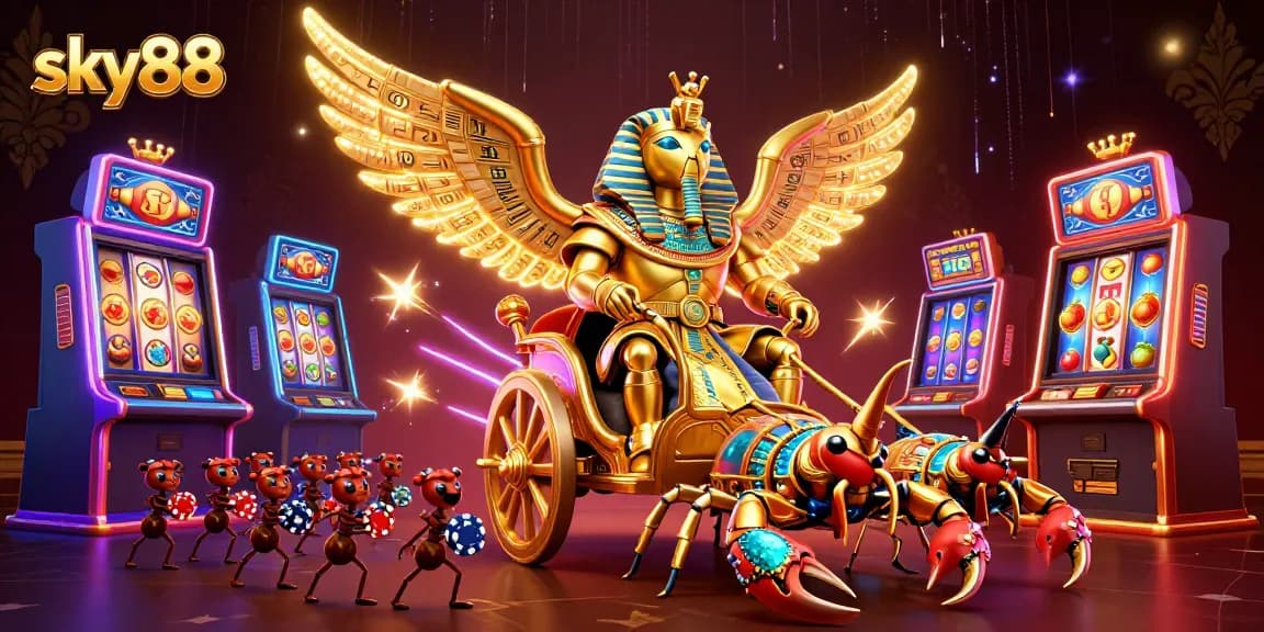 Engage at sky88 with dynamic action in a vibrant casino scene full of slot machines and exciting characters.