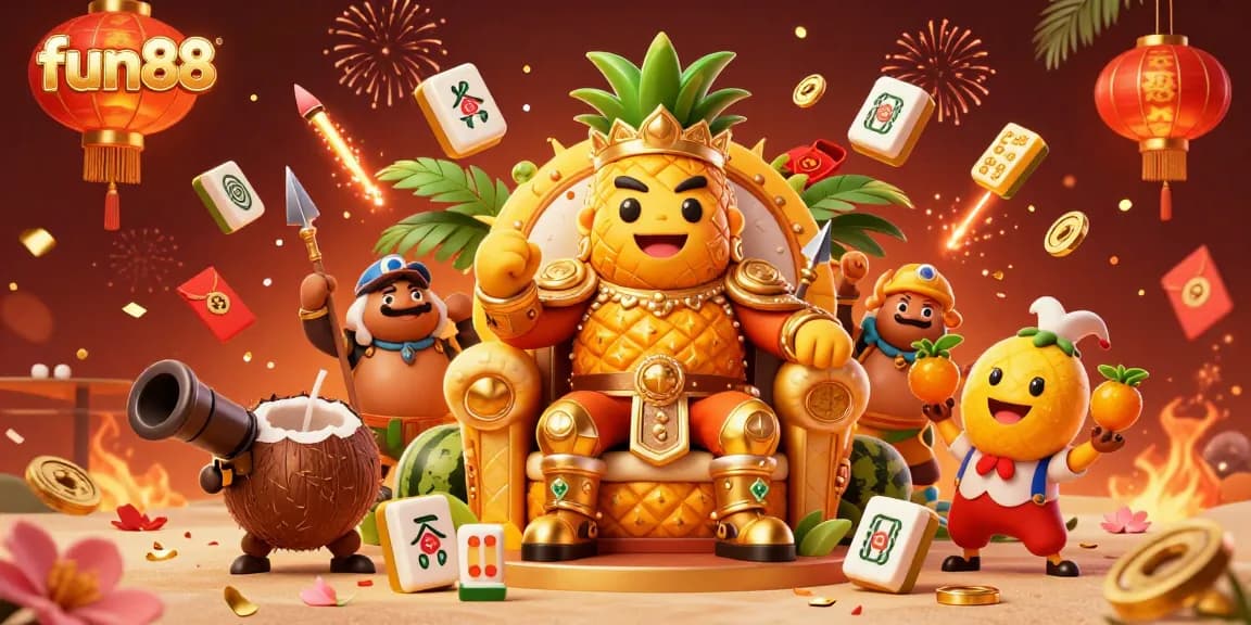 Experience fun88 in a vibrant casino scene featuring a golden pineapple king and lively game elements.
