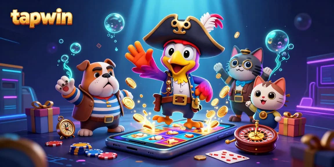 Experience the thrill of tapwin with a captivating 3D casino scene featuring a pirate captain and gaming elements.