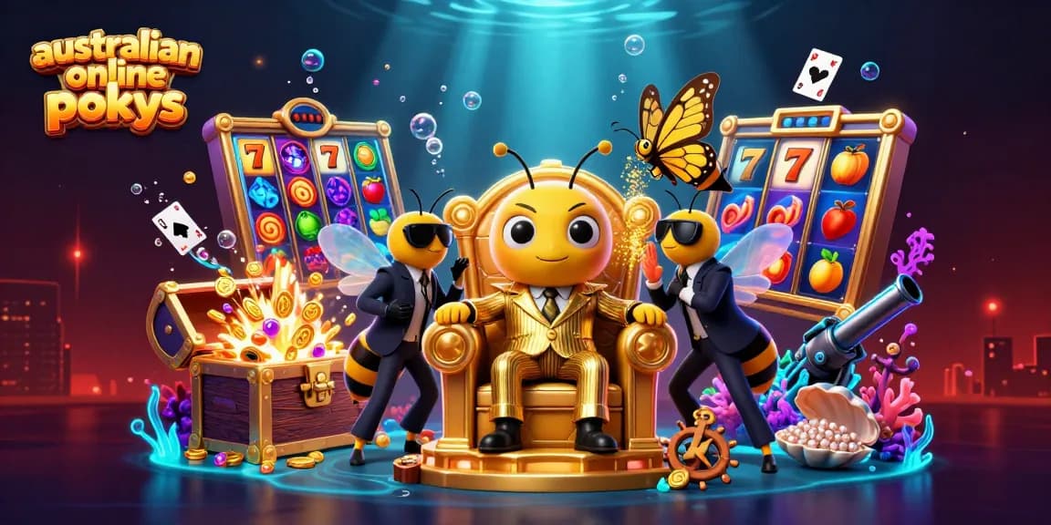 A vibrant scene showcasing australian online pokies with slot reels, a mob boss, and immersive game elements.