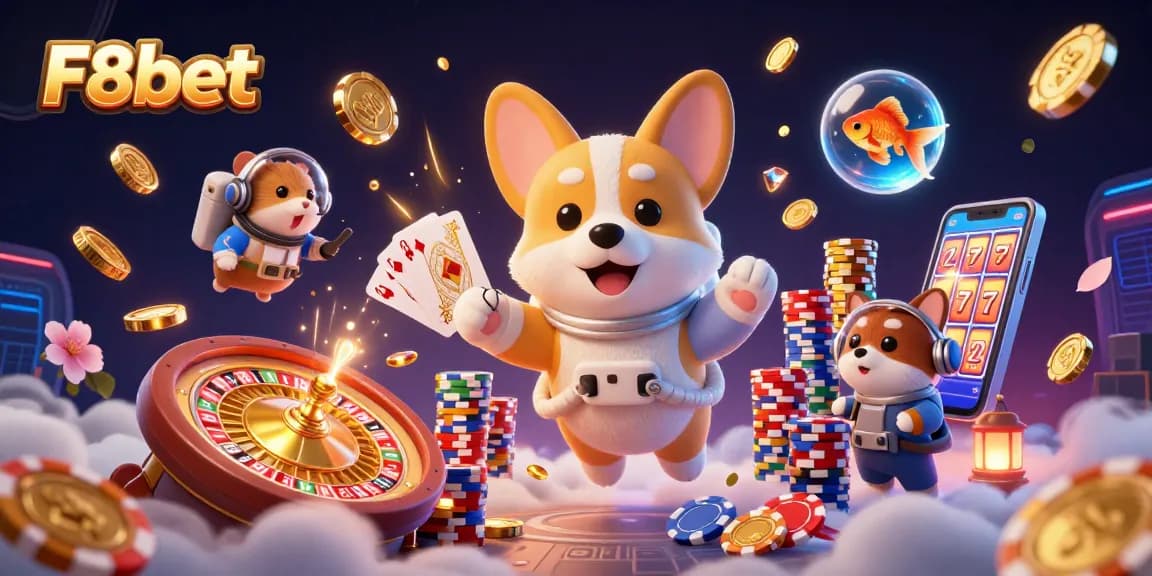 Experience thrilling gameplay at F8bet with a vibrant space casino scene featuring a floating astronaut corgi and more.