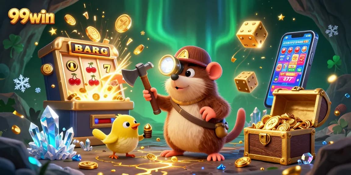 Experience the excitement of 99win with vibrant casino elements and a treasure hunter character.