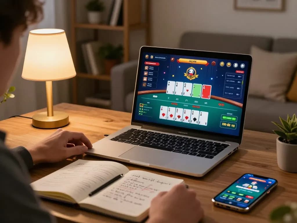 cm88 player engaging in poker game on laptop, cozy home setting with betting strategies