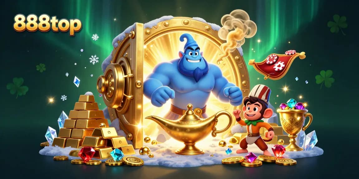 Engage with 888top's gaming adventure with a mystical genie and treasures in vibrant casino scene.