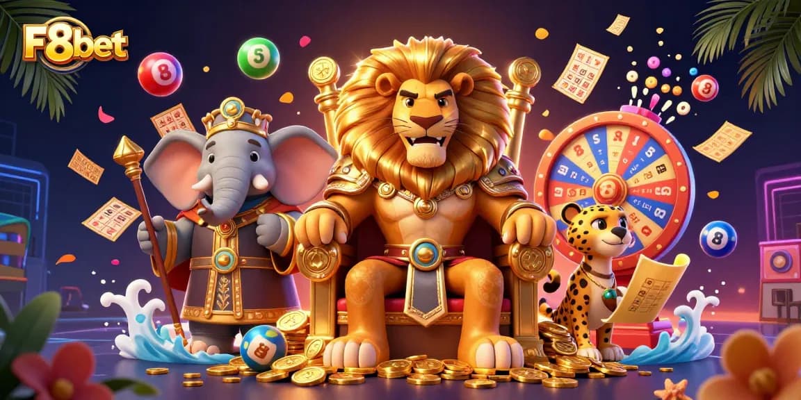 Join the excitement at F8bet with a dynamic casino scene featuring game elements and rich visuals.