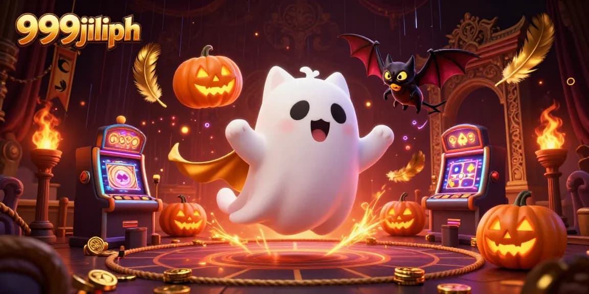 Engage in the thrilling casino world of 999jiliph with a ghost cat and vampire bat, surrounded by winning symbols.