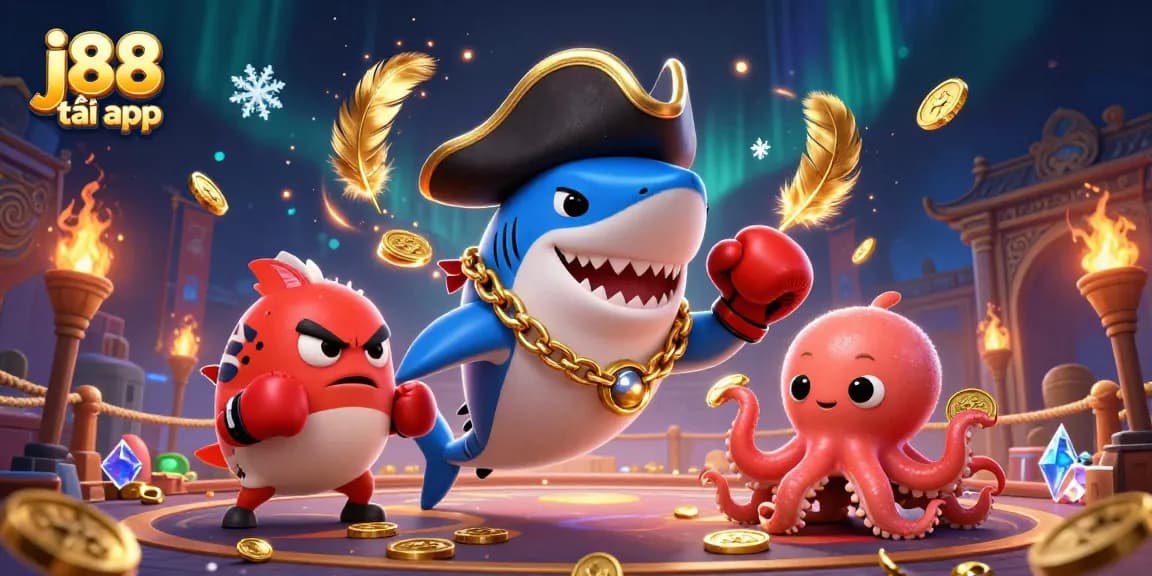 Play exciting games with j88 tải app, featuring dynamic characters like a pirate shark and gold coins!