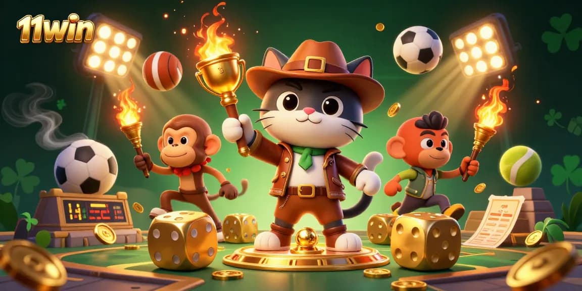 Engage with 11WIN's thrilling world, as a cat archaeologist and monkey discover golden treasures amid sports betting elements.