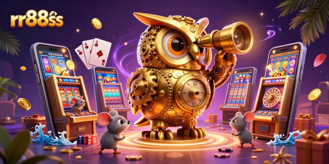 Explore rr88ss's vibrant casino scene, featuring a clockwork owl and mice enjoying slot machines.