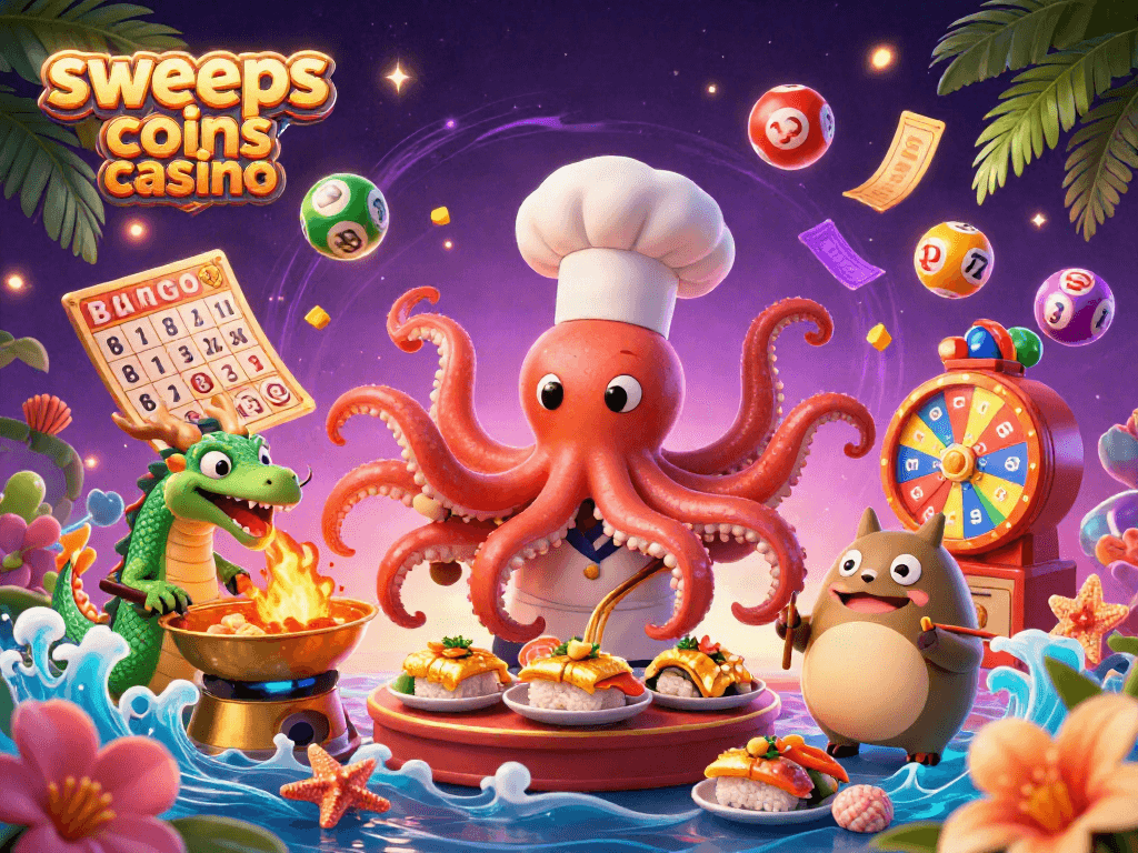Engage in the excitement of sweeps coins casino with a dynamic 3D illustration of a sushi chef octopus and friends.