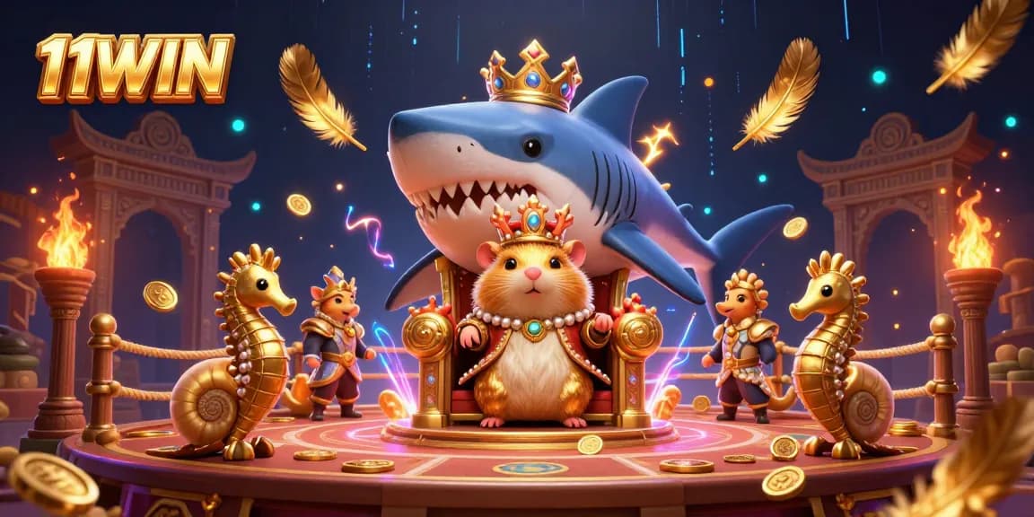 Experience the vibrant world of 11WIN with a fierce golden hamster king in a dazzling casino showdown.