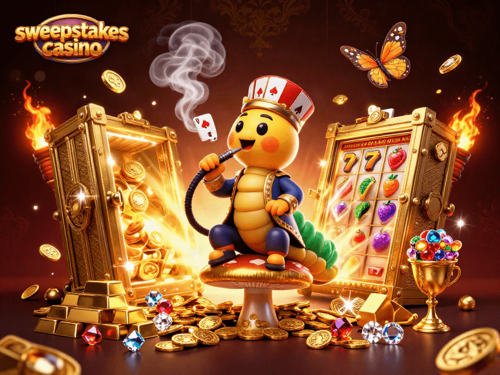 Experience the thrill of a sweepstakes casino with a vibrant 3D scene featuring unique characters and gold treasures.