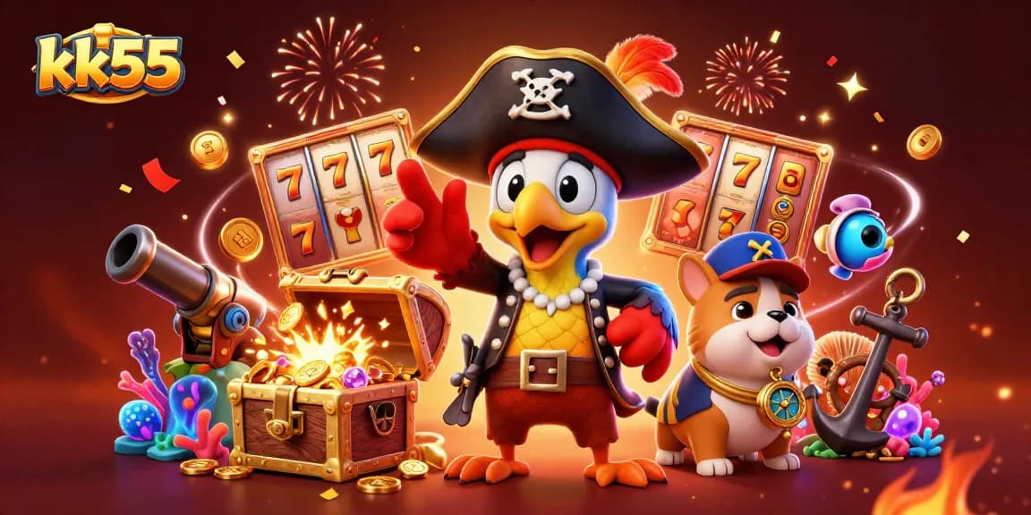 Engage in thrilling play at kk55 with vibrant cartoon characters amidst lively slot reels and gold coins.
