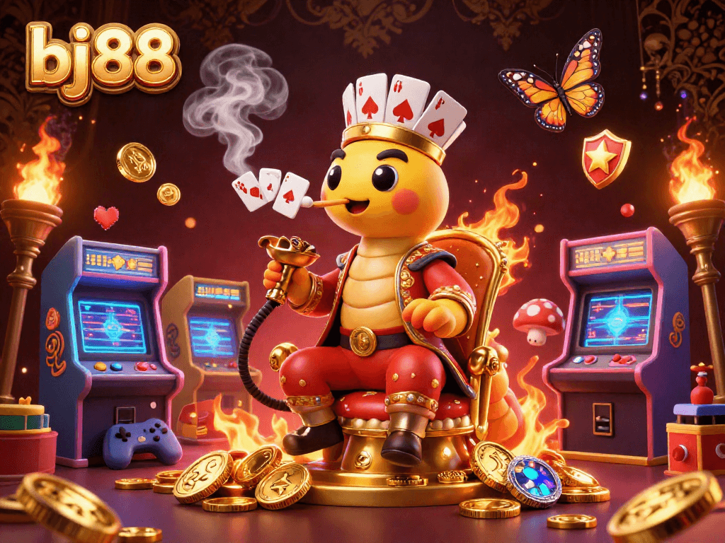 Engage with bj88 through a vibrant 3D casino scene featuring a mystical caterpillar master and arcade elements.