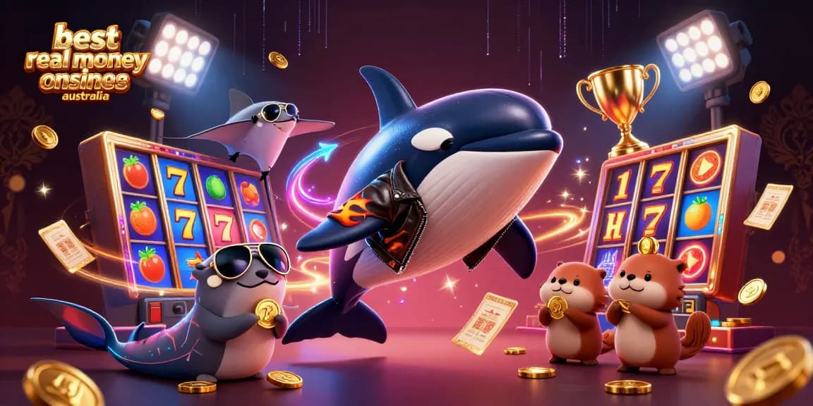 Engaging scene showcasing the best real money online casinos Australia with 3D characters and vibrant casino elements.