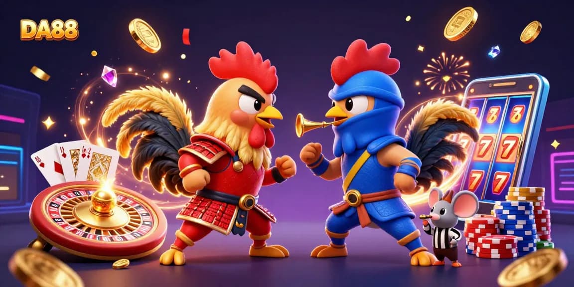 Battle between DA88 roosters in samurai and ninja gear amidst golden coins and a casino backdrop.