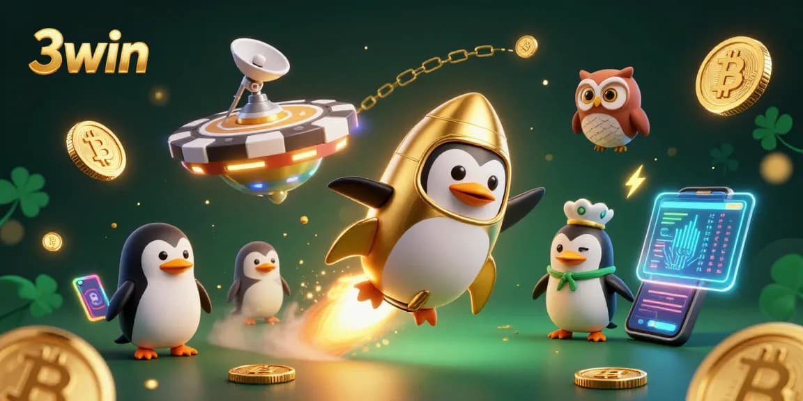 Experience the thrill of 3win with a golden penguin soaring through a cryptocurrency cosmos.