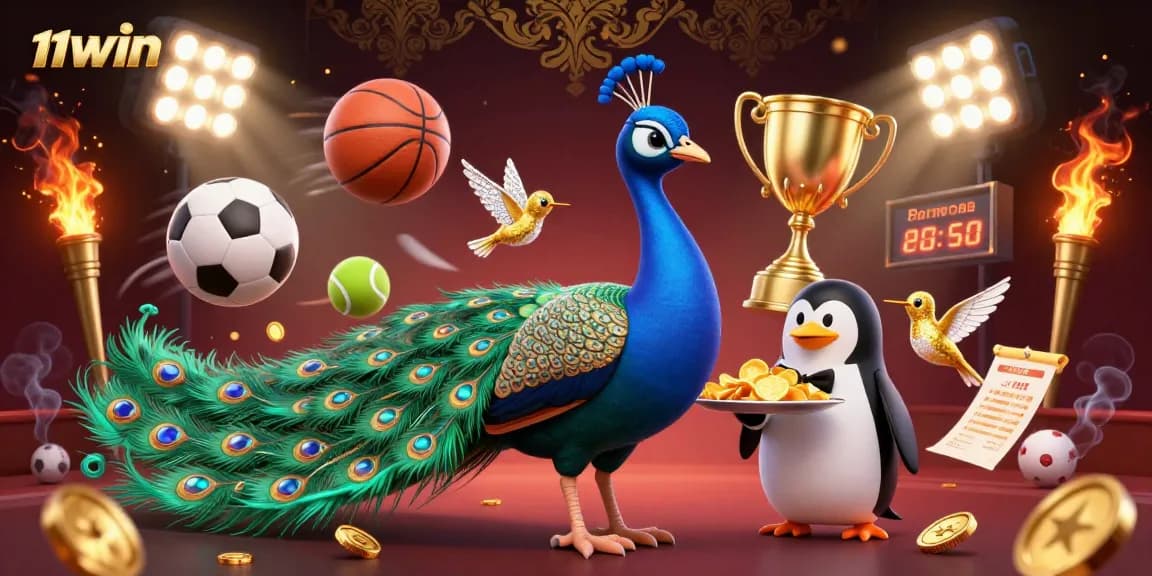Experience thrilling sports betting with 11WIN illustrated by a peacock, penguin, and dynamic elements.
