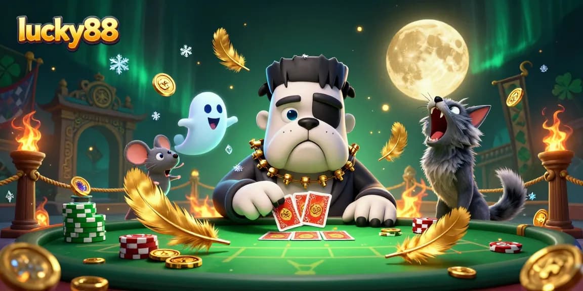 Engage with lucky88 and experience thrilling card dealing action from a spooky monster at a lively casino table.