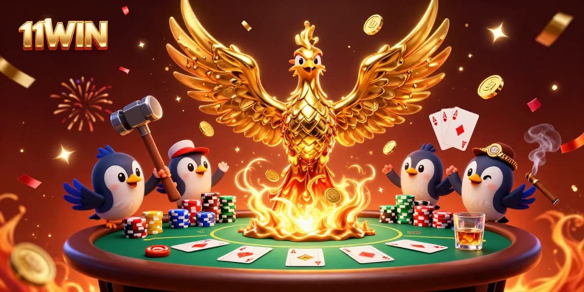 Experience the thrill of 11WIN with a stunning poker scene featuring a golden phoenix and vibrant chips.