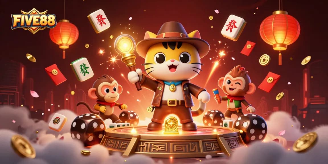 Engage with FIVE88 as you witness a 3D cartoon explorer uncovering casino treasures in a vibrant scene.