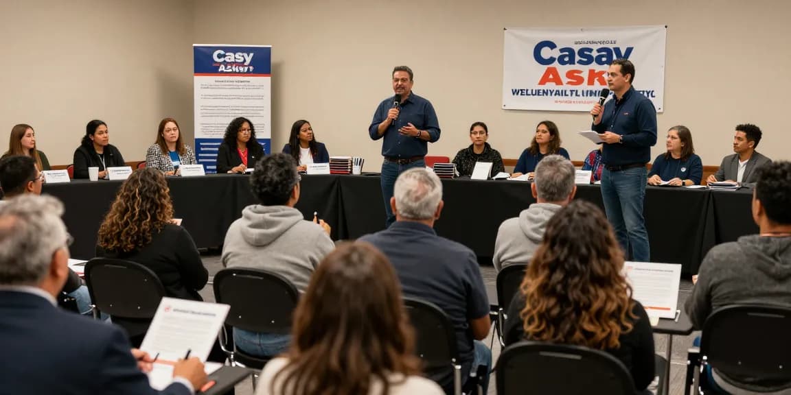 Casey Askar engaging with voters at a town hall meeting emphasizing transparency and accountability.