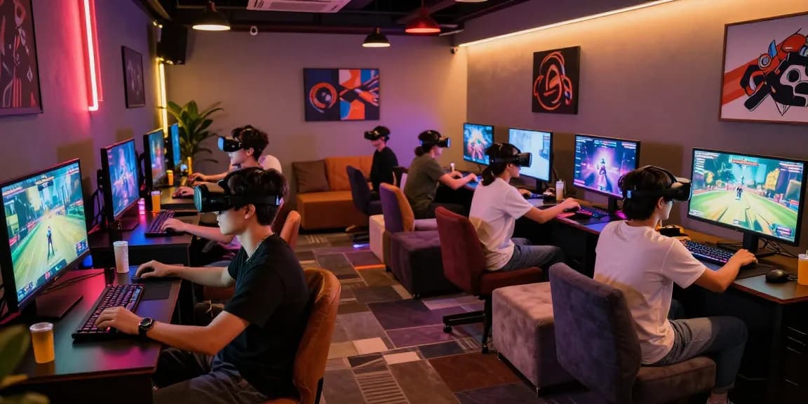 Engaged friends enjoying nsfw games in a vibrant gaming lounge atmosphere.