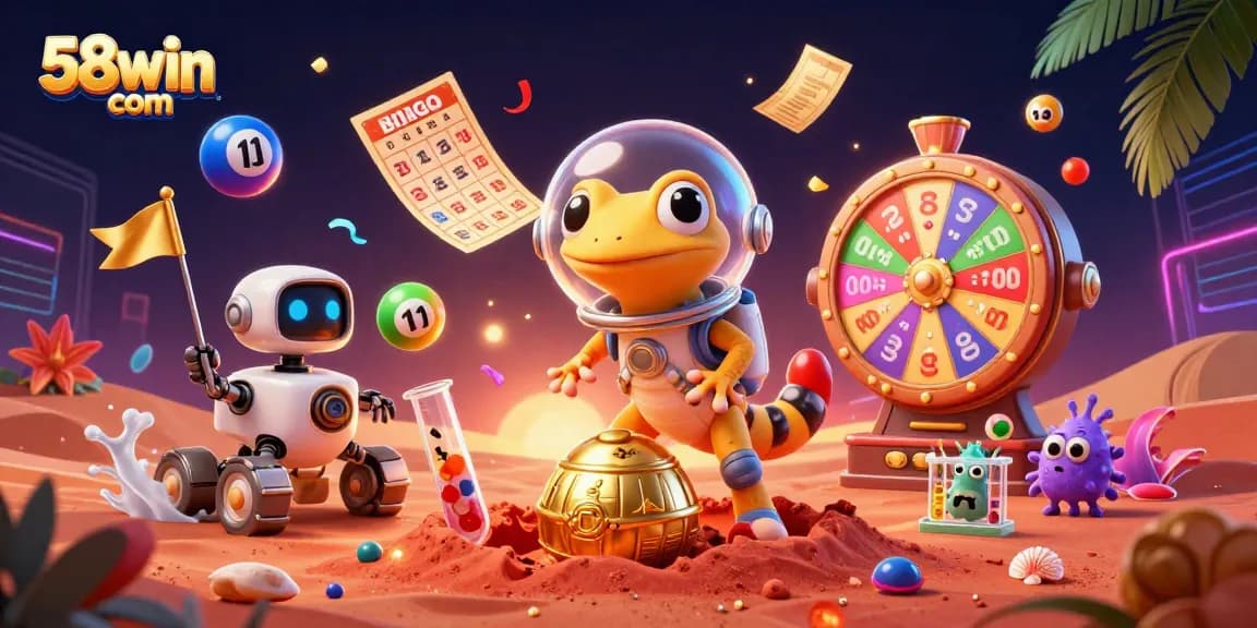 Join the fun at 58win com with a Martian gecko celebrating wins at a vibrant intergalactic casino.