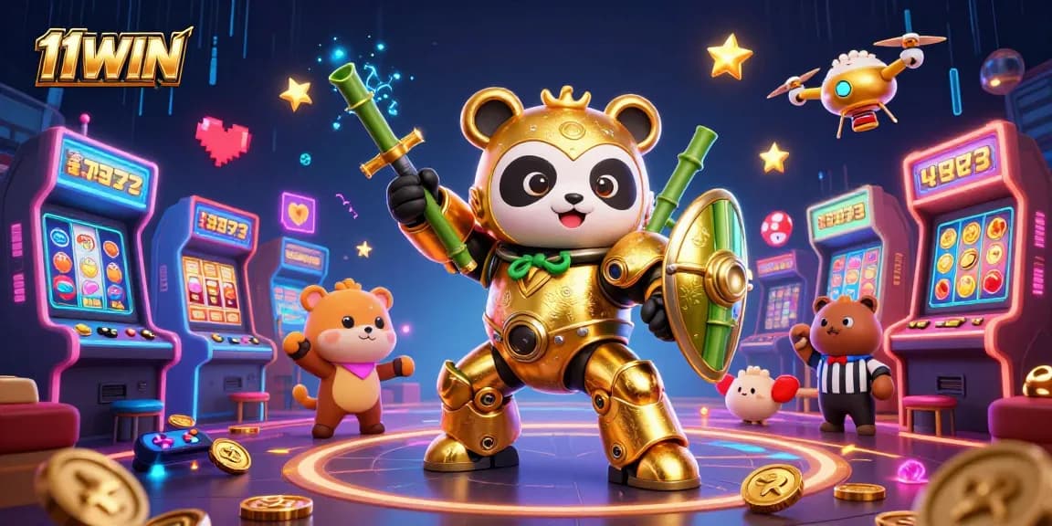Engage with the vibrant 11WIN casino scene featuring a golden panda piloting a dynamic robot amid cheering fans.