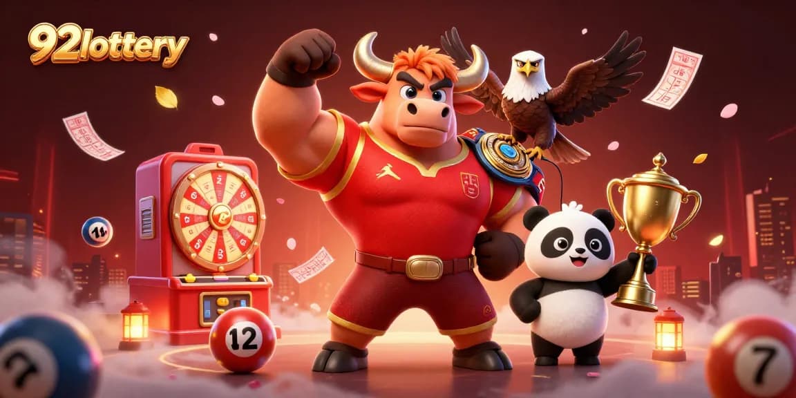 92lottery celebrates success with a bull mascot, eagle, and panda amidst lottery symbols.