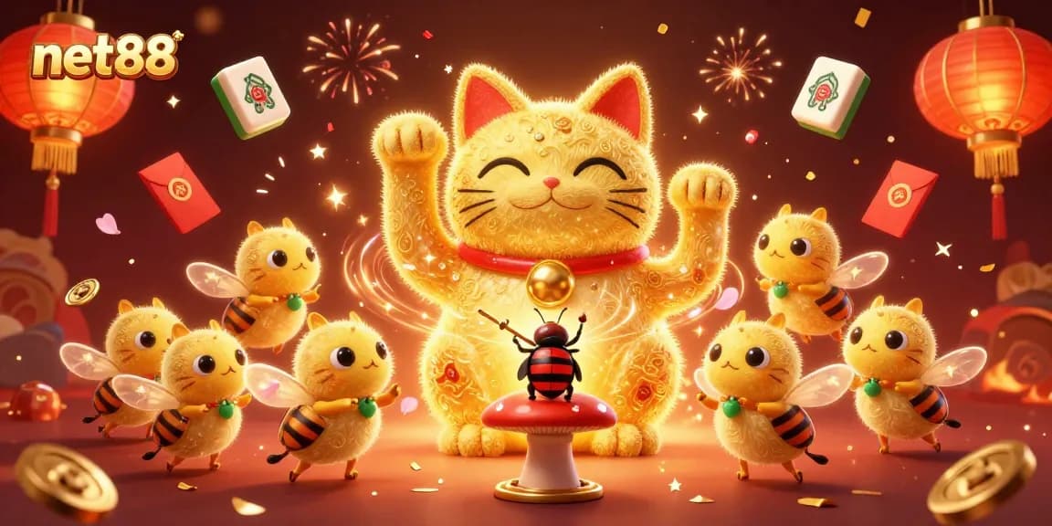 Engage with net88's vibrant casino world featuring a waving lucky cat and festive elements.