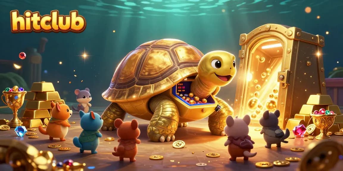 Join the excitement at hitclub with a golden tortoise pinball machine amidst treasure galore.