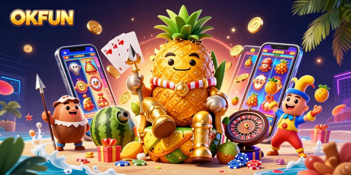 Engage with OKFUN in this vibrant casino scene featuring a golden pineapple king and lively gaming elements.