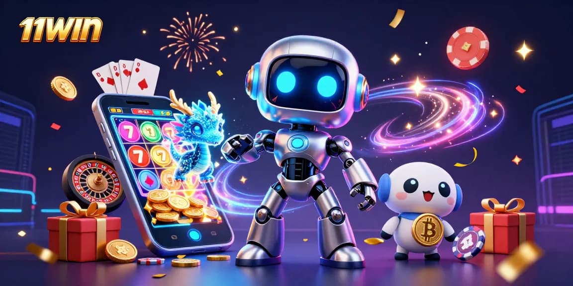 Engage with exciting features in the 11WIN online casino with vibrant characters and casino elements.