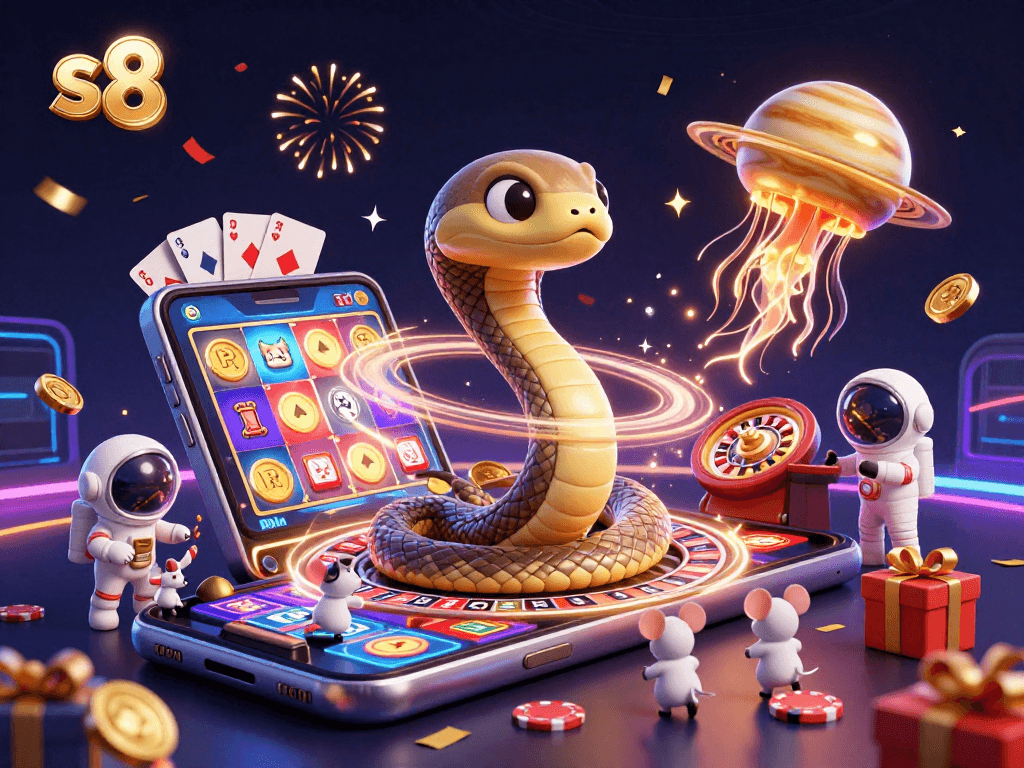 Experience casino thrills with S8's dynamic snake roulette and astronaut bets in a colorful scene.