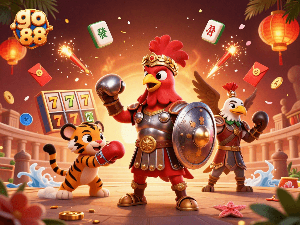 Experience the excitement of go 88 slots with a colorful 3D illustration showcasing a cartoon rooster and vibrant elements.