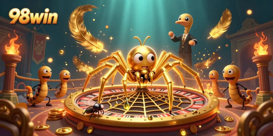 Experience the thrill of 98win as a fly nervously places bets at a roulette wheel spun by a golden spider.