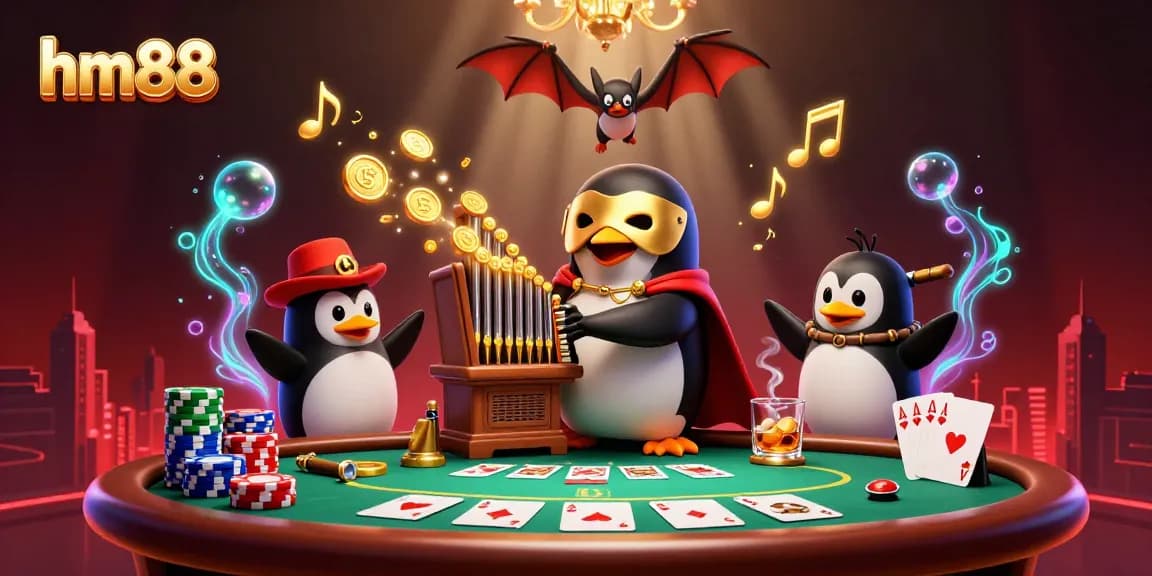 Experience thrilling casino action at hm88 with a penguin playing an organ that releases golden coins.