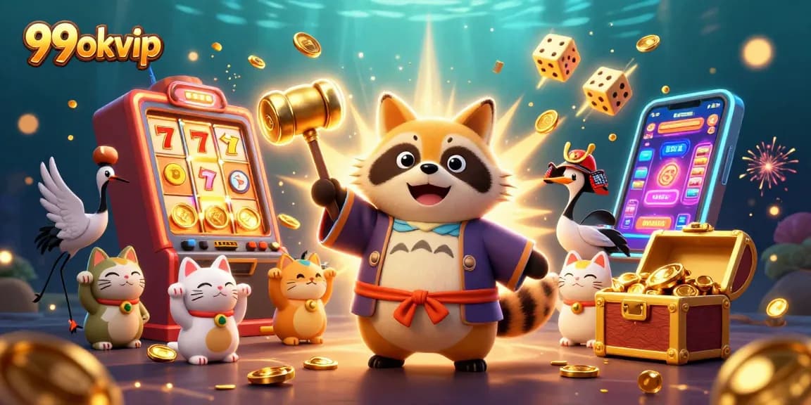 Enjoy thrilling casino adventures with 99okvip, featuring joyful tanuki, cranes, and lucky symbols.