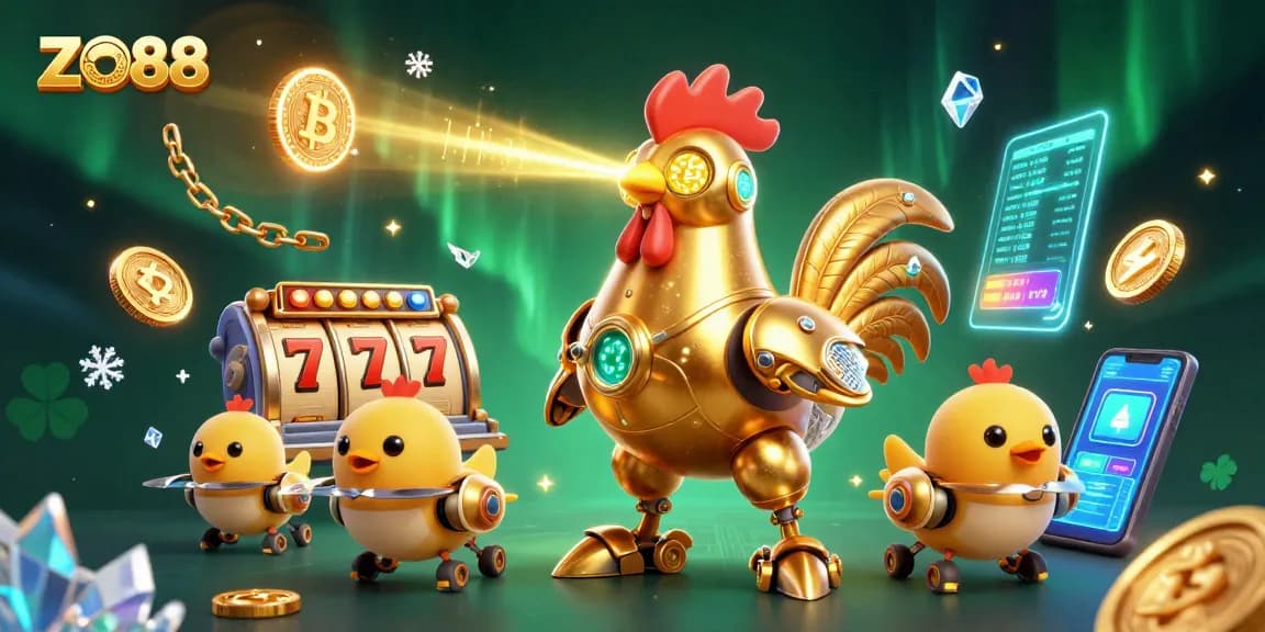 Experience ZO88 at its finest with golden rooster robot and vibrant slot reels in action.
