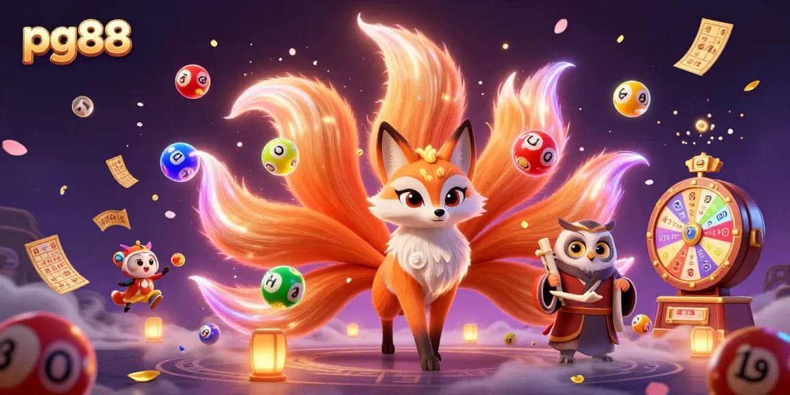 Experience the vibrant world of pg88 with a magical scene featuring a nine-tailed fox, owl sage, and colorful lottery elements.
