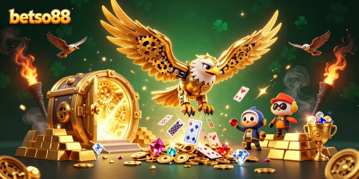 Betso88 players enjoy thrilling gaming experiences with a dynamic illustration of a golden eagle amidst holographic cards.