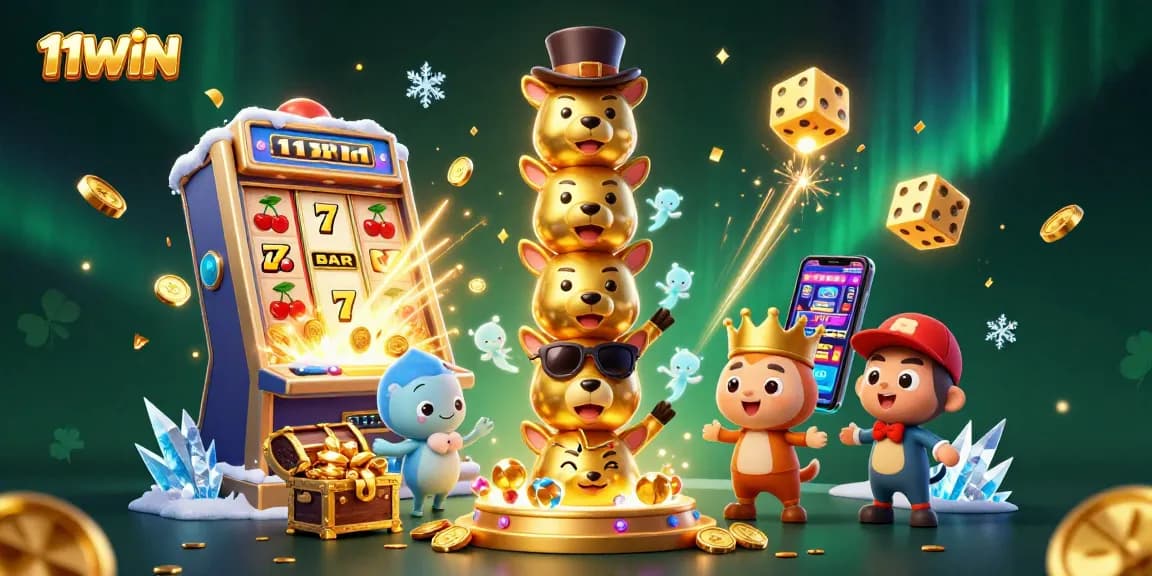 Spin the reels at 11WIN with vibrant casino illustrations showcasing dynamic slot action.