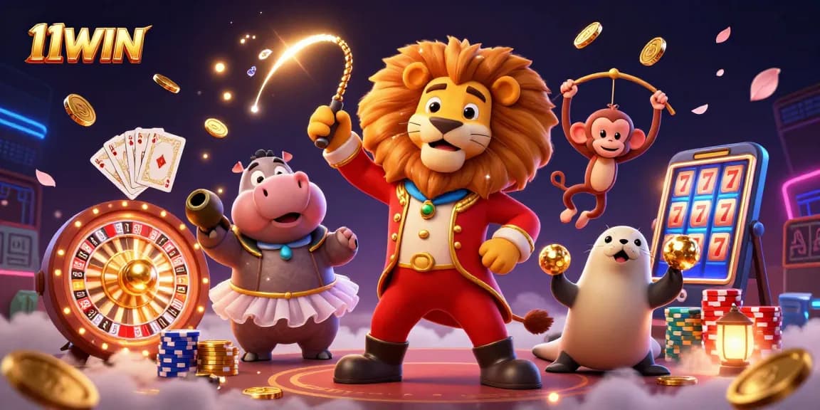 Experience thrilling gameplay with 11WIN in this vibrant casino scene featuring lively characters and games.
