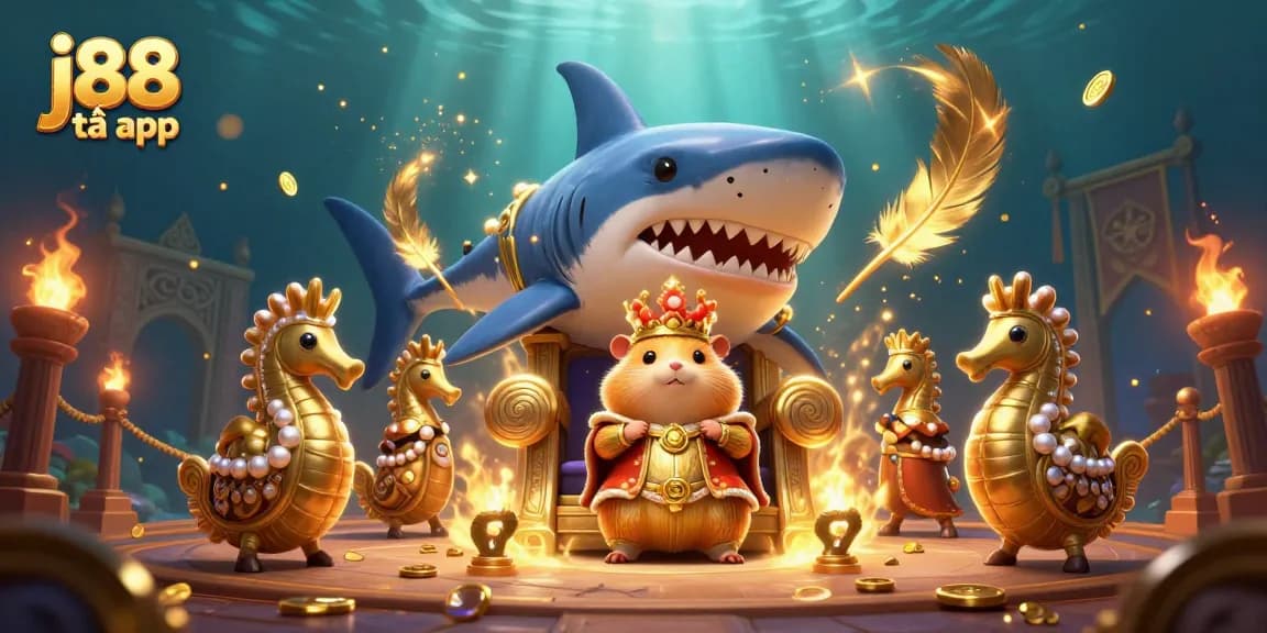 Spin for wins with j88 tải app in a vibrant underwater gambling scene featuring a hamster king.