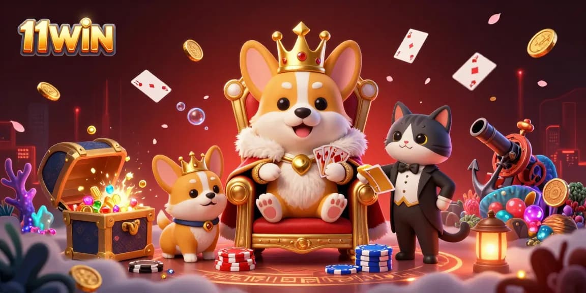 Experience the fun of the 11WIN gaming world with royal characters and vibrant casino elements.