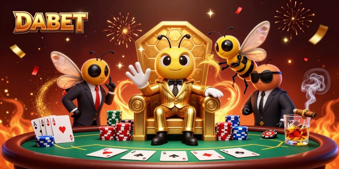 DABET offers thrilling casino games as a bumblebee mob boss presides over a vibrant poker scene.