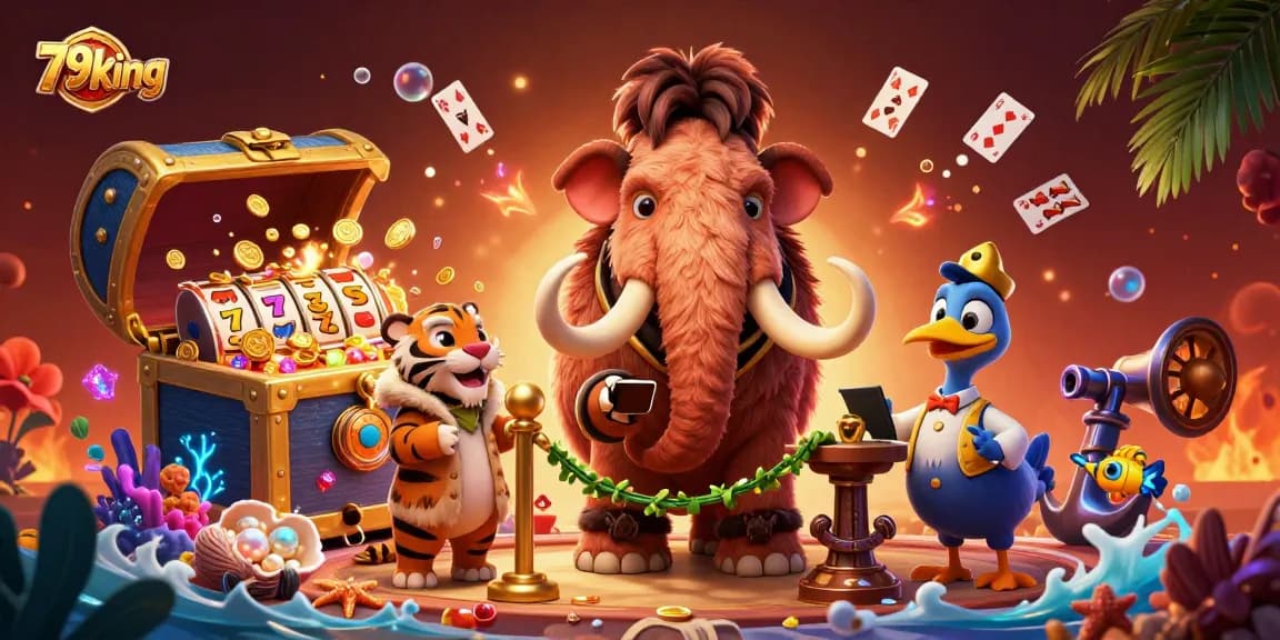 Join the excitement at 79king with a cartoon casino bouncer, saber-tooth VIP, and dodo doorman amidst vibrant slots and treasures.